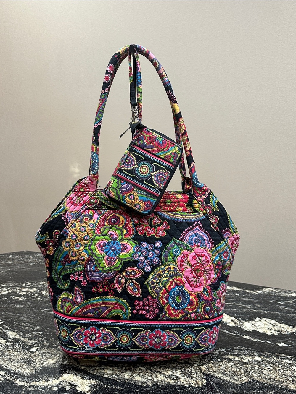 Vera Bradley Black Multicolor Floral Quilted Tote with Matching Wallet - Picture 13 of 14